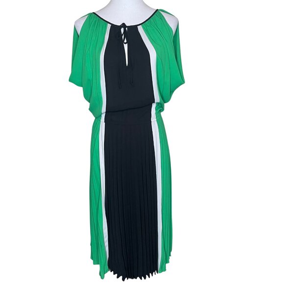BCBGMAXAZRIA Iona Colorblock Pleated Cold Slit Shoulder Midi Dress - XS - Picture 2 of 13